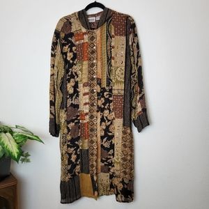 CHICO'S Brown Patchwork Print Button Down Hooded Tunic Dress Wearable Art Large
